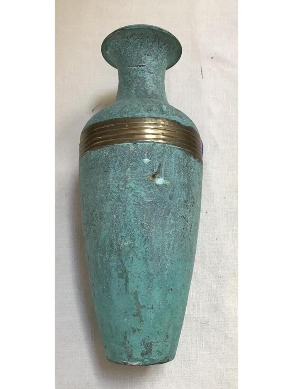 Solid Brass Flower Vase made in India Green Flat Enamel Vintage